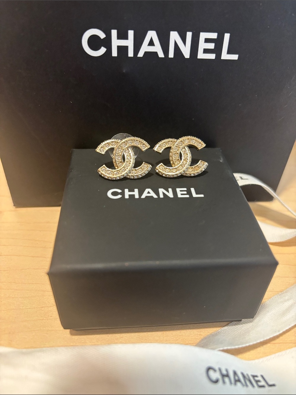 Authentic CHANEL Gold Crystal CC Logo Stud Earrings